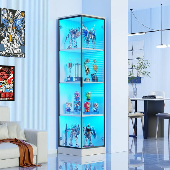 BROTTAR 65" Corner Display Cabinet with Doors, 4-Tier Corner Shelf&Bookcase for Collectibles, Toys, Books, Display Case with 3 Color Light for Playroom, Bedroom, Office, White