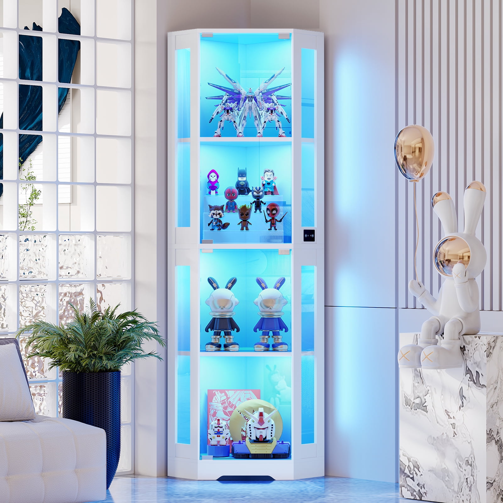 BROTTAR 65" Corner Glass Display Cabinet with LED Lights, 4-Tier Showcase Display Case with Glass Doors & Human Body Sensor for Collectibles, Liquor, White