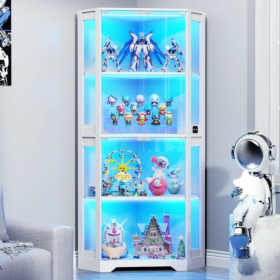 BROTTAR 65" Lighted Corner Display Cabinet with Glass Doors, 4-Tier Hexagon Curio Cabinet for Living room, Entryway, White