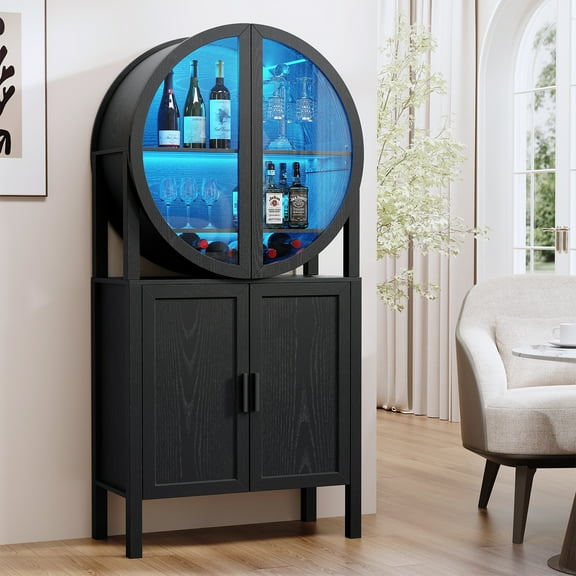 BROTTAR 65" Tall Rounded Wine Bar Cabinet with LED Lights, Storage Cabinet with Glass Doors & Shelves, Modern Liquor Coffee Bar Cabinet with Human Body Sensor for Kitchen, Living Room, Black