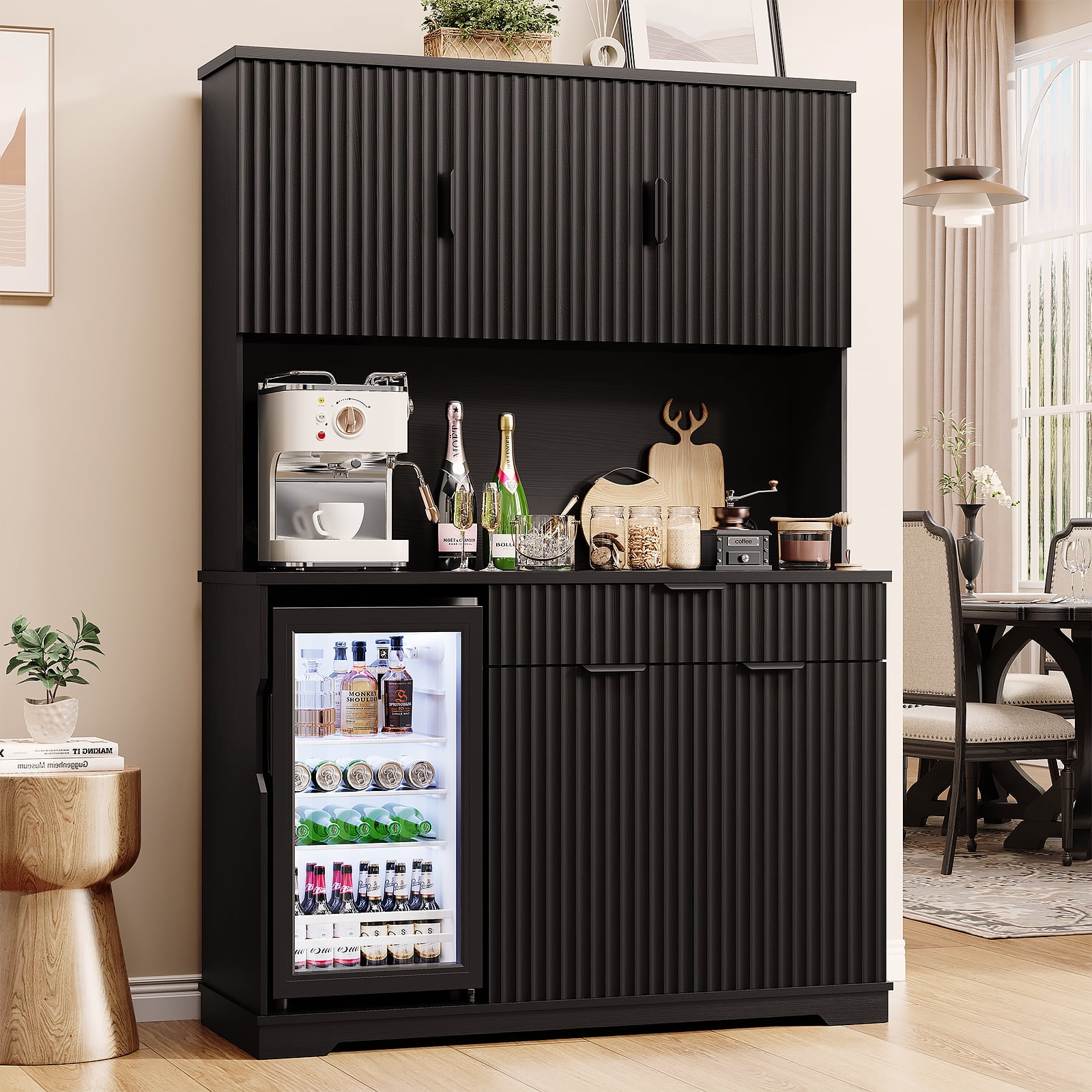 BROTTAR 69" Fluted Wine Bar Cabinet with Fridge (Included), Modern Coffee Bar Cabinet with Storage Hutch, Tall Mini Fridge Cabinet with Drawers, Kitchen Pantry for Living Room, Dining Room, Black