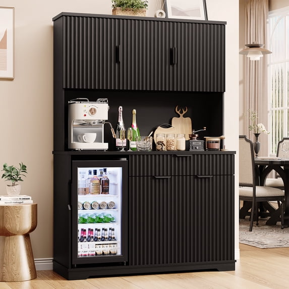 BROTTAR 69" Fluted Wine Bar Cabinet with Fridge (Included), Modern Coffee Bar Cabinet with Storage Hutch, Tall Mini Fridge Cabinet with Drawers, Kitchen Pantry for Living Room, Dining Room, Black