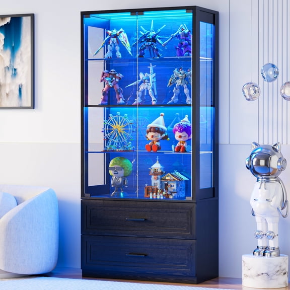 BROTTAR 70" Display Cabinet with Glass Doors, 4-Tier Curio Cabinet with Removable Glass Shelves, Showcase Display Case for Collectibles with 2 Drawers, Black