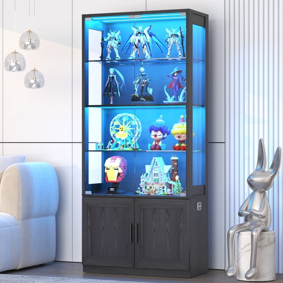 BROTTAR 70" Display Cabinet with Glass Doors, 4-Tier Curio Cabinet with 2 Removable Glass Shelves, Display Case for Collectibles, Black
