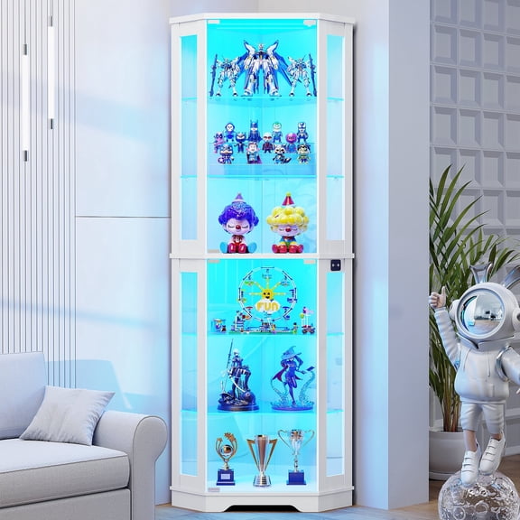 BROTTAR 71" Corner Display Cabinet with Glass Doors, 6 Tier Curio Cabinet with 3 LED Lights & Glass Shelves, Human Body Sensor, Showcase Display Case for Collectibles, White