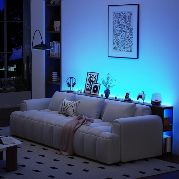 BROTTAR 79" Behind Couch Table, Industrial Long Sofa Table with LED Lights & Outlet, Human Body Sensor, Narrow Console Table with Storage for Entryway, Living Room, Hallway (Rustic Brown)