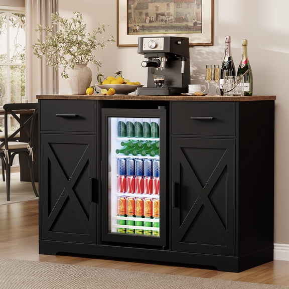 BROTTAR Coffee Bar Cabinet with Fridge (Fridge Included), 47'' Farmhouse Bar Cabinet with Storage, Buffet Sideboard Table Station with 2 Drawers & Large Countertop for Living Room, Kitchen, Black