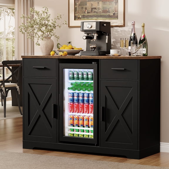 BROTTAR Coffee Bar Cabinet with Fridge (Fridge Included), 47'' Farmhouse Bar Cabinet with Storage, Buffet Sideboard Table Station with 2 Drawers & Large Countertop for Living Room, Kitchen, Black