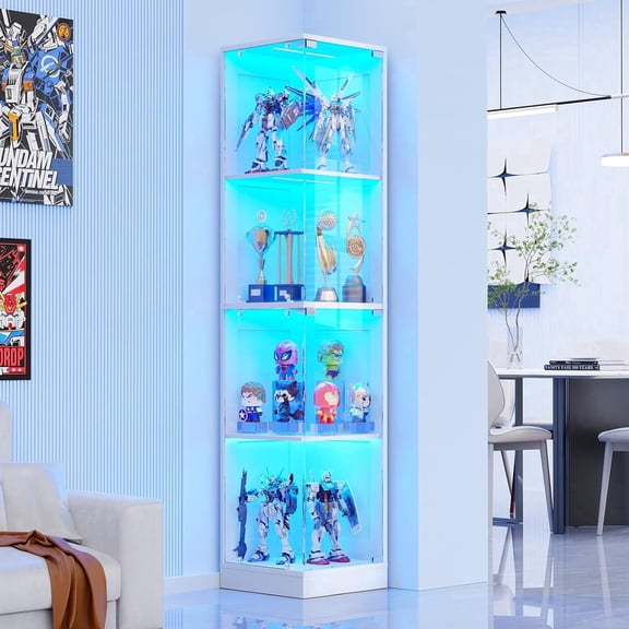 BROTTAR Corner Display Cabinet with Glass Doors, Curio Cabinet with 3 Color LED Lights for Collectibles, 4-Tier Display Case with Human Body Sensor for Toys, Books, White