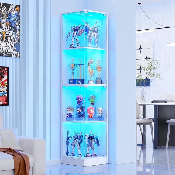 BROTTAR Corner Display Cabinet with Glass Doors, Curio Cabinet with 3 Color LED Lights for Collectibles, 4-Tier Display Case with Human Body Sensor for Toys, Books, White