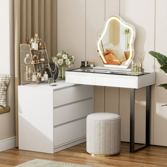 BROTTAR Corner Makeup Vanity Desk with Mirror and Lights, 58" Modern L-Shaped Vanity Table with Glass Top, Large Dressing Table with 2 Drawers & 3 Tier Dresser for Bedroom, White