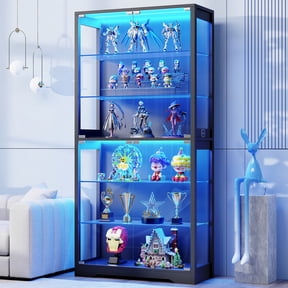 BROTTAR Display Cabinet with Glass Door, Curio Cabinet with 3 Color Light for Collectibles, Display Case with Adjustable Glass Shelves, Human Body Sensor, Multi-Functional Storage Cabinet, Black