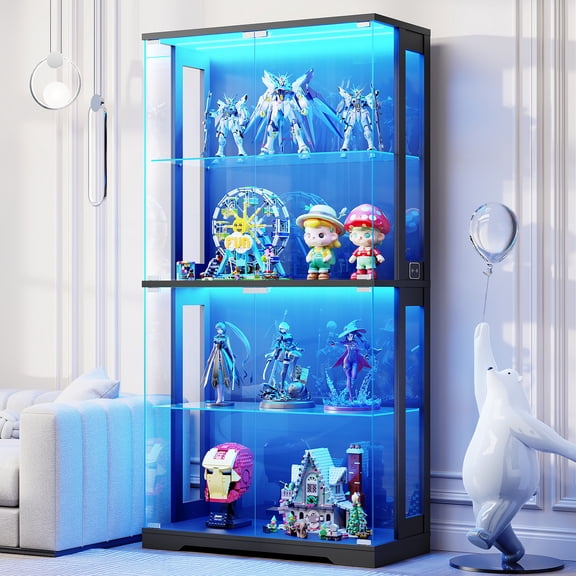 BROTTAR Display Cabinet with Glass Doors, 4-Tier Curio Cabinet with 3 Color Lights for Collectibles, 65" Lighted Glass Display Case with Transparent Full-Display Surface, Human Body Sensor, Black