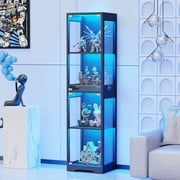 BROTTAR Display Cabinet with Glass Doors, 4-Tier Corner Display Case with 3 Color Lights for Collectibles, Human Body Sensor, Black