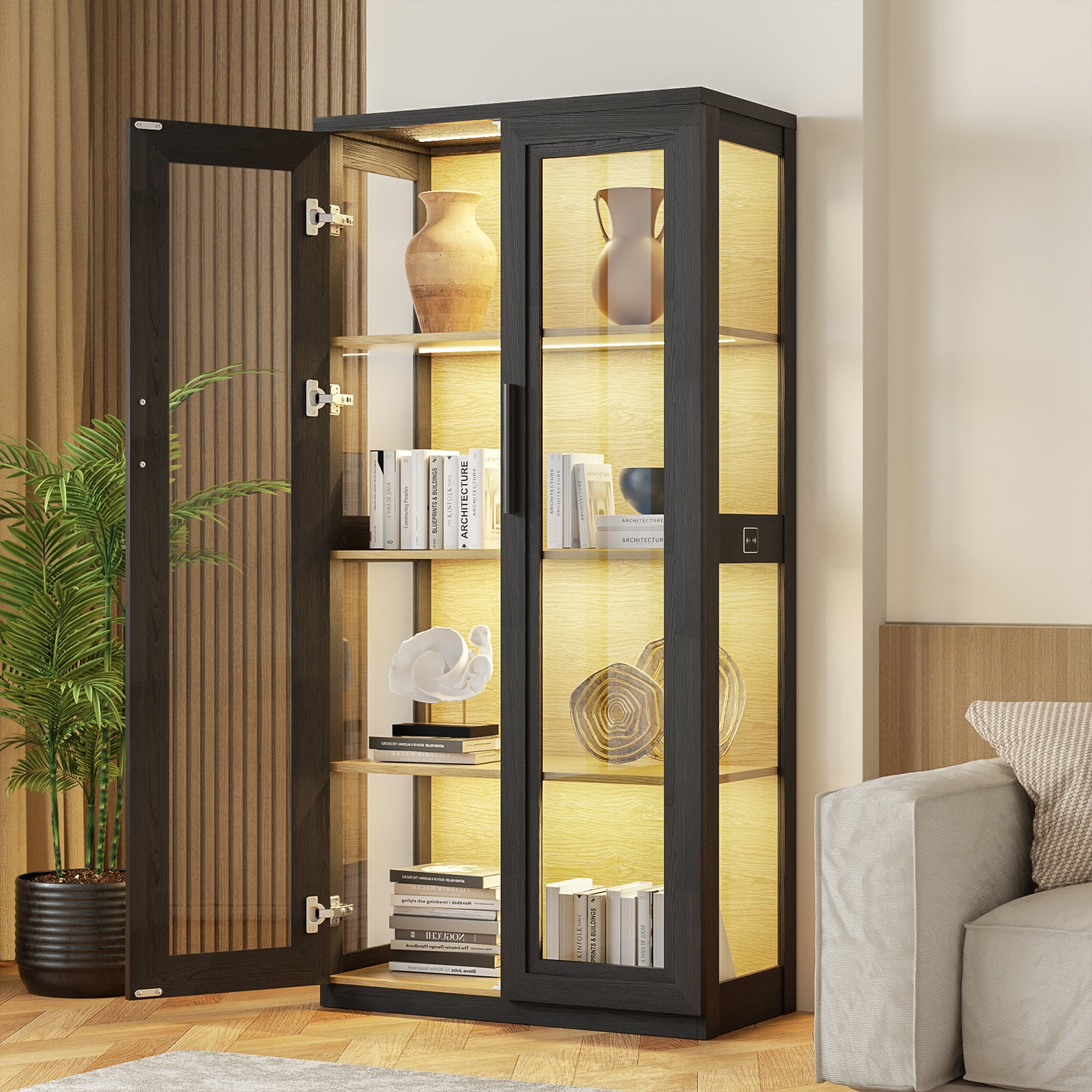BROTTAR 65" Curio Display Cabinet with Glass Doors, 3 Color Lights & Human body Sensor, Black