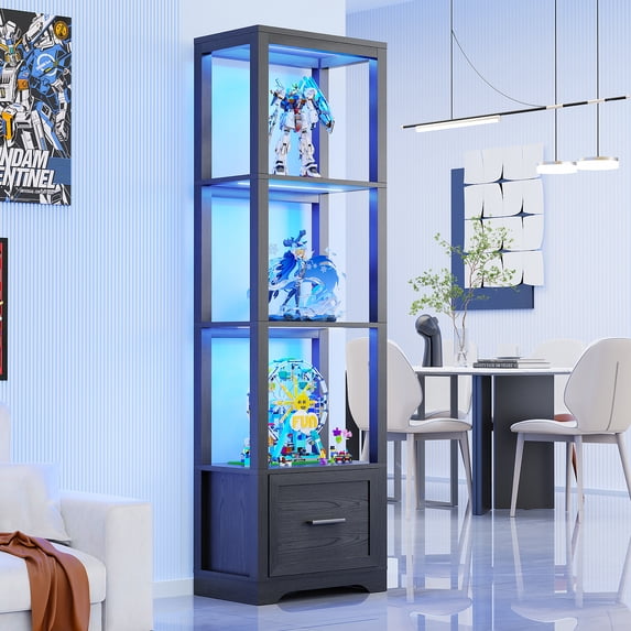 BROTTAR Display Shelf with 3 Color Lights, Curio Cabinet for Collectibles with Drawer, Display Case with Human Body Sensor, Black