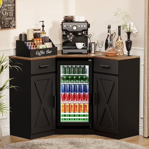 BROTTAR Farmhouse Corner Coffee Bar Cabinet with Fridge (Fridge Included), L Shaped Coffee Bar Station with Storage, Liquor Wine Cabinet with 2 Drawers & Doors for Home, Dining Room, Black