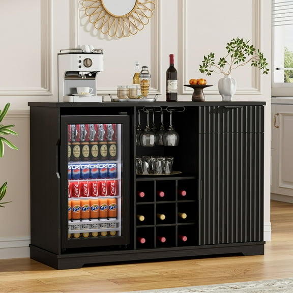 BROTTAR Fluted Wine Bar Cabinet with Fridge (Fridge Included), 47" Coffee Bar Cabinet with Wine Rack and Glass Holder, Liquor Cabinets with Drawer & Storage, Home Bar for Dining Room Kitchen, Black