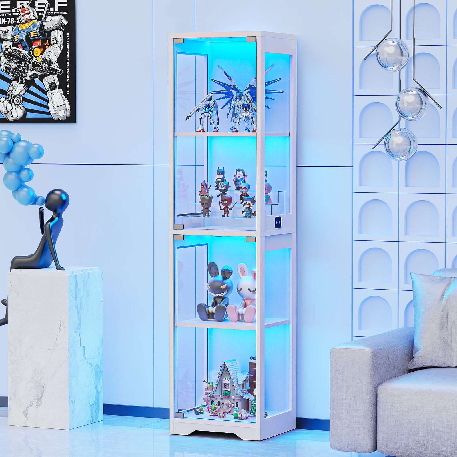 BROTTAR Glass Display Cabinet, 4-Tier Curio Cabinets with 3 Color