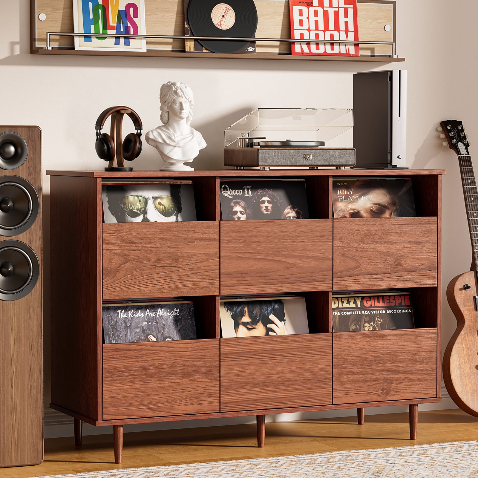 BROTTAR Large Record Player Stand with Vinyl Storage, Mid Century Record Storage Cabinet with Drawers for Living Room, Bedroom, Rustic Brown