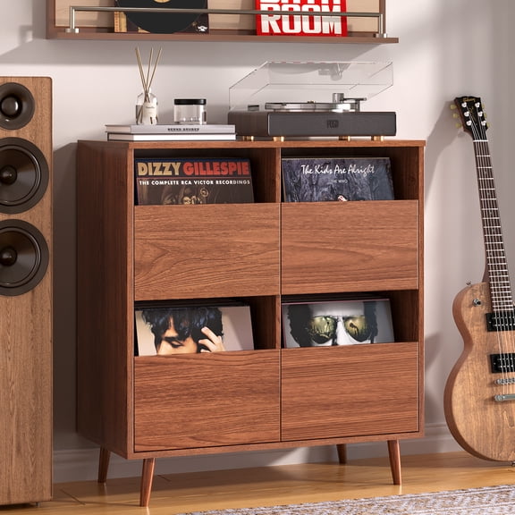 BROTTAR Record Player Stand, Suitable for 7"/10"/ 12" Vinyl Records, Mid-Century Modern Vinyl Record Cabinet, Turntable Stand, Media Cabinet with DVD Drawers for Living Room, Brown