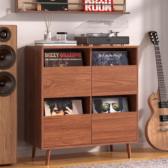 BROTTAR Record Player Stand, Suitable for 7"/10"/ 12" Vinyl Records, Mid-Century Modern Vinyl Record Cabinet, Turntable Stand, Media Cabinet with DVD Drawers for Living Room, Brown