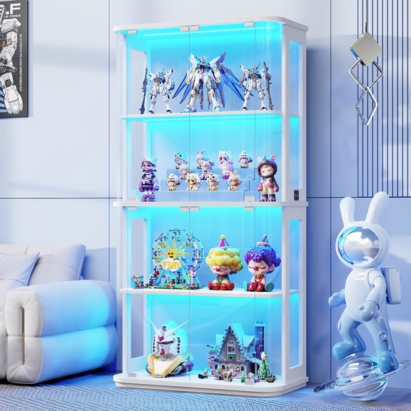 BROTTAR Rounded Display Cabinet with Glass Door, 4-Tier Curio Cabinet with Transparent Full-Display Surface, Glass Display Case with 3 Color Lights for Collectibles, Human Body Sensor, White