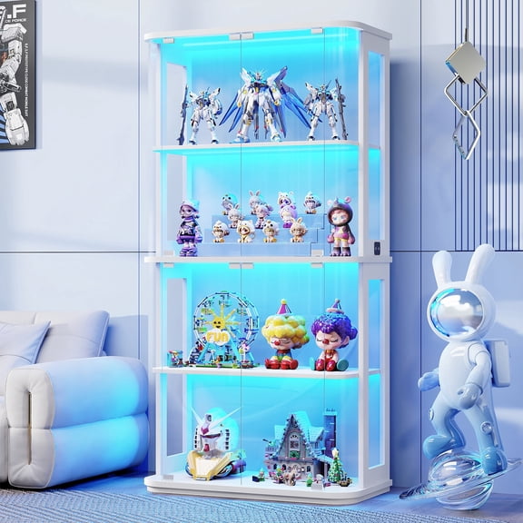 BROTTAR Rounded Display Cabinet with Glass Door, 4-Tier Curio Cabinet with Transparent Full-Display Surface, Glass Display Case with 3 Color Lights for Collectibles, Human Body Sensor, White