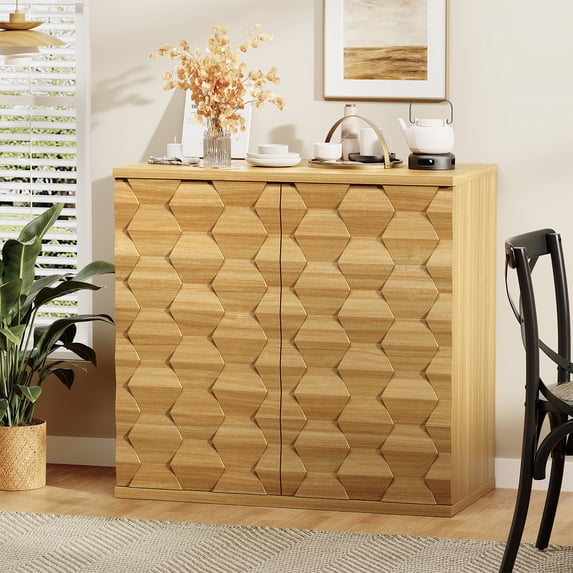 BROTTAR Sideboard Buffet Cabinet with Storage, Modern Accent Credenzas with Unique 3-Dimensional Craft, 31.5" Coffee Bar Cabinet Buffet Console Table for Entryway Kitchen Dining Room, Natural