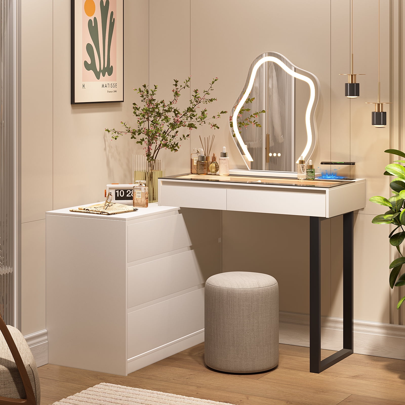 BROTTAR Vanity Desk with Mirror and Lights, Extendable Makeup