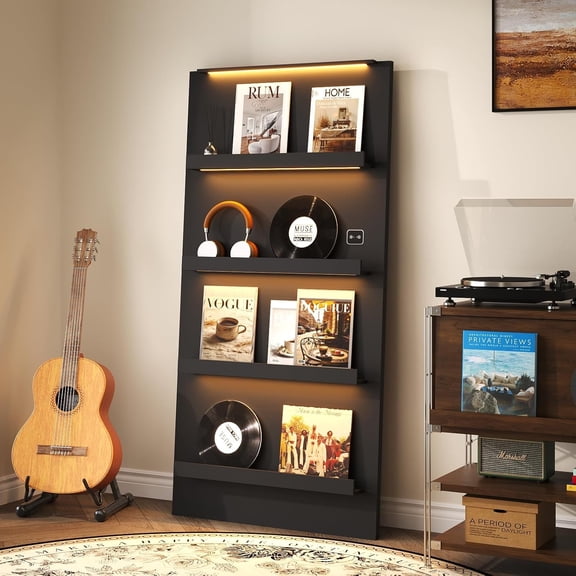 BROTTAR Vinyl Record Display Shelf, 63" Tall Vinyl Record Storage with 3-Color LED Lights & Motion Sensor, 4-Tier Record Holder for CD, DVD, Magazine, Display Stand for Living Room, Black