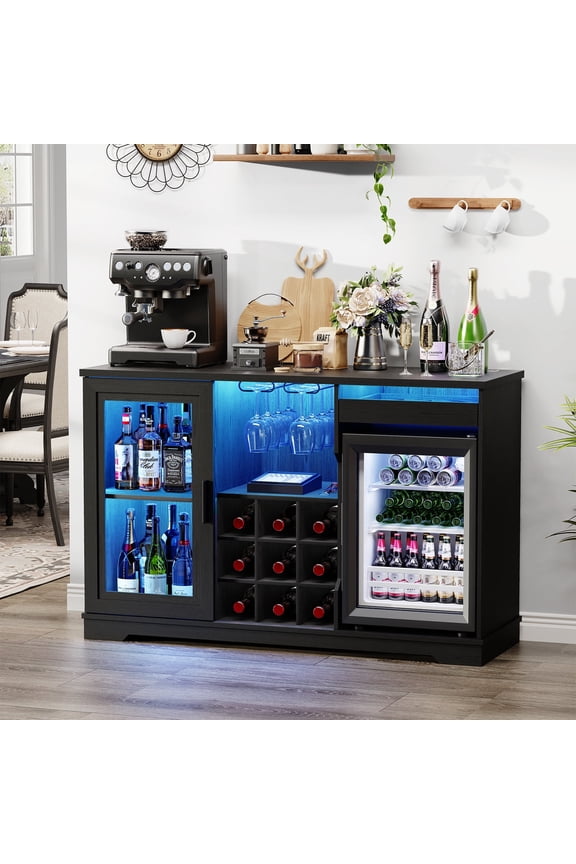 Wine Bar Cabinet with Fridge (Included), 47" Liquor Coffee Bar Cabinet with LED Lights & Rack, Mini Fridge Cabinet with Storage, Human Body Sensor, Buffet Sideboard for Dining Room, Black
