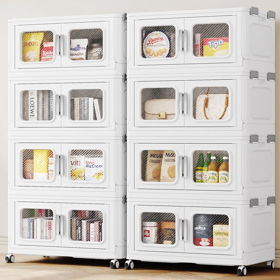 BROVIEW 100Gal Extra Large Storage Bins with Lid, 400Qt Plastic Stackable Storage Bins with Wheels, Collapsible Closet Organizer and Storage Drawers, Storage Cabinets for Home, Office, 8 Pack, White