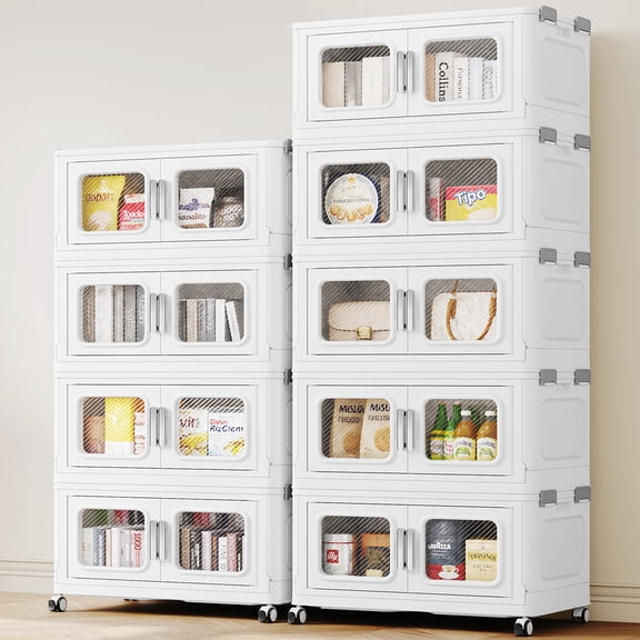 BROVIEW 112.5Gal Extra Large Storage Bins with Lid, 450Qt Plastic Stackable Storage Bins w/ Wheels, Collapsible Closet Organizer and Storage Drawers, Storage Cabinets for Home, Office, 9 Pack, White