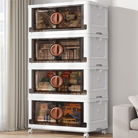 BROVIEW 480QT Plastic Storage Bins with Lids, Large Stackable Storage Bins with Wheels, 120GalCollapsible Closet Organizer and Storage Drawers, Storage Cabinets for Home, Office, 4 Pack, White Brown