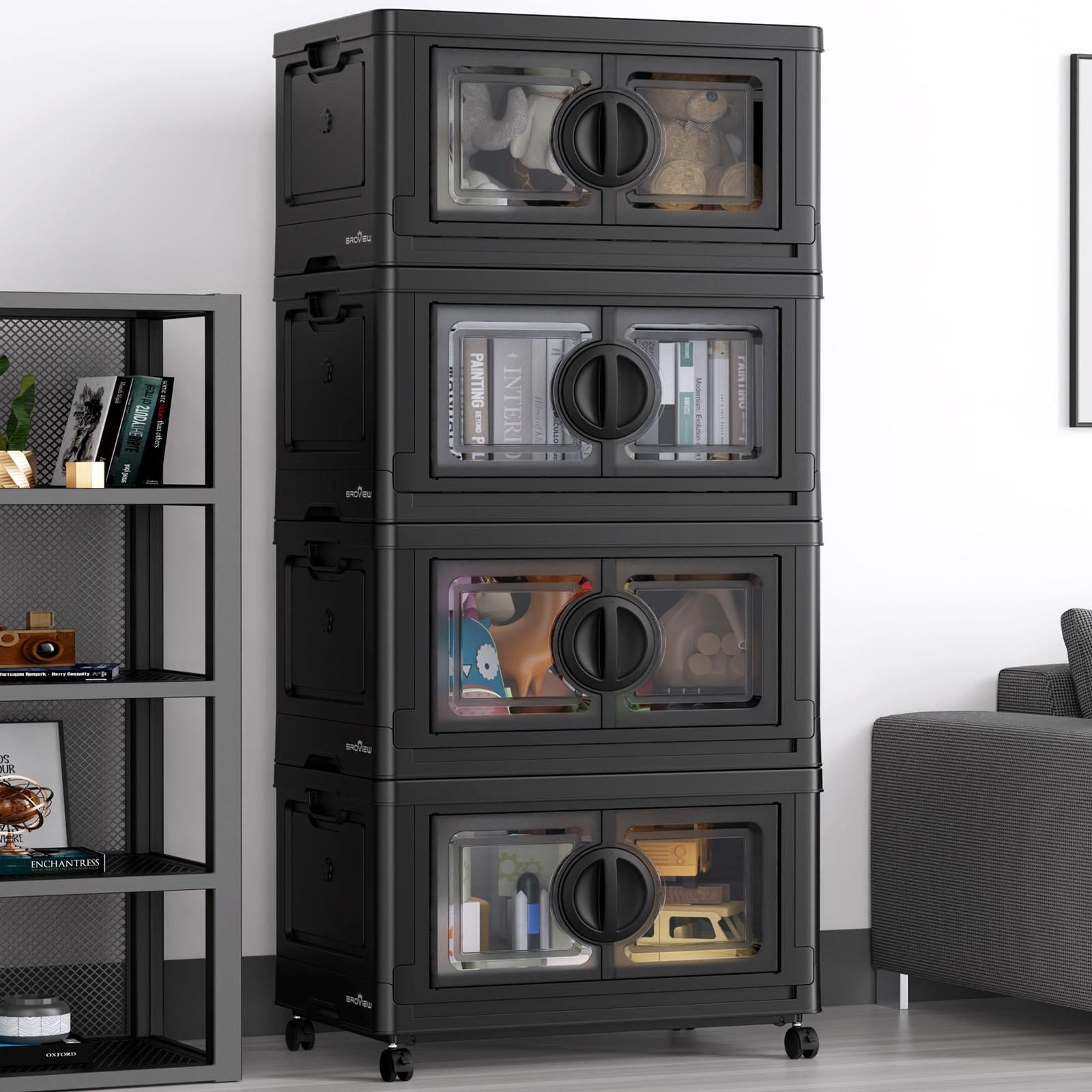 BROVIEW 480Qt Plastic Storage Bins with Lids,  Large Stackable Storage Bins with Wheels, 120Gal Collapsible Closet Organizer and Storage Drawers, Storage Cabinets for Home, Office, 4 Pack, Black