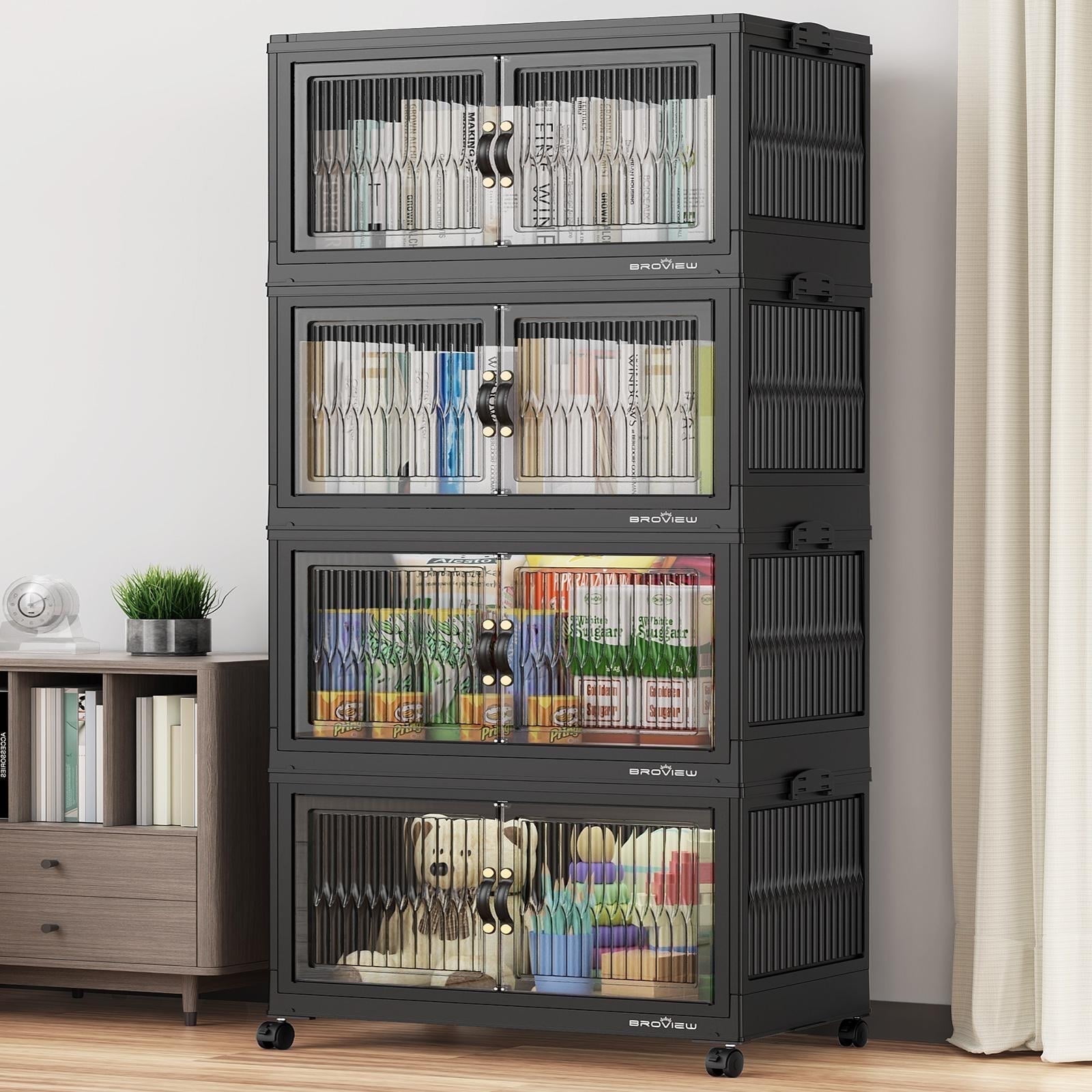 BROVIEW 120Gal Large Storage Bins with Lids, 480Qt Plastic Stackable Closet Organizer and Storage, Collapsible Storage Box with Wheels, Folding Storage Cabinet Containers for Home Office, 3Pack Black