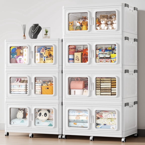 Extra Large Stackable Storage Bins with Lid,1540 QT/ 385Gal Collapsible Closet Organizer and Storage Drawers with Wheels, 7 Packs Plastic Storage Box, White