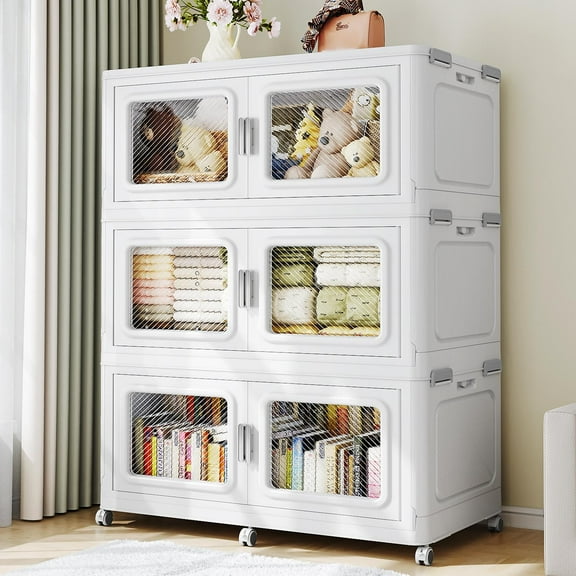 BROVIEW 165Gal Extra Large Storage Bins with Lid, 660Qt Plastic Stackable Storage Bins with Wheels, Collapsible Closet Organizer and Storage Drawers, Storage Cabinets for Home, Office, 3 Pack, White