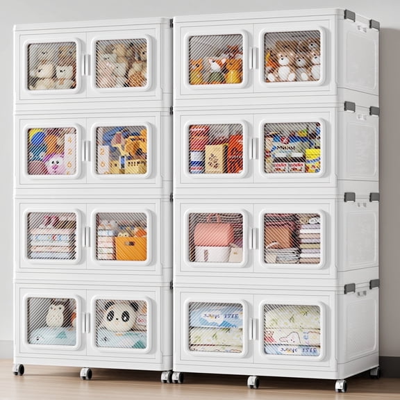 1760QT Extra Large Stackable Storage Bins with Lid, 440Gal Collapsible Closet Organizer Storage Drawers w/Wheels, Plastic Storage Box, 8Packs with 8 lids, White