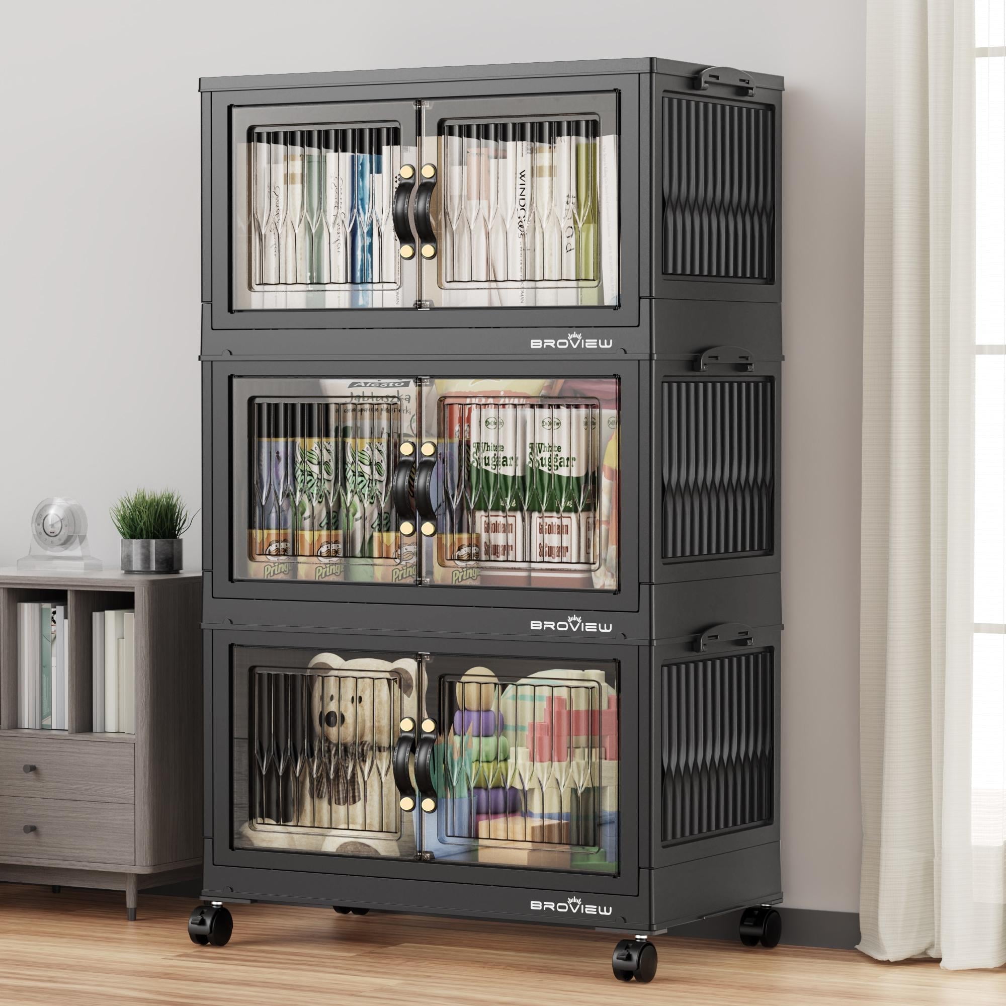 BROVIEW 180Qt Stackable Storage Bins with Lid, Plastic Closet Organizers and Storage Drawer, Collapsible Storage Box with Wheels, Folding Storage Cabinet for Closet Clothes Organization, 3Pack Black