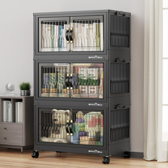 BROVIEW 180Qt Stackable Storage Bins with Lid, Plastic Closet Organizers and Storage Drawer, Collapsible Storage Box with Wheels, Folding Storage Cabinet for Closet Clothes Organization, 3Pack Black