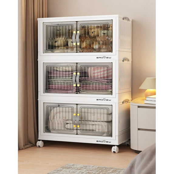 BROVIEW 180Qt Stackable Storage Bins with Lid, Plastic Closet Organizers and Storage Drawer, Collapsible Storage Box with Wheels, Folding Storage Cabinet for Closet Clothes Organization, 3Pack White