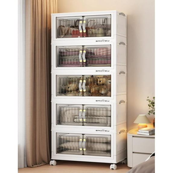 BROVIEW 200Qt Stackable Storage Bins with Lid, Plastic Closet Organizers and Storage Drawer, Collapsible Storage Box with Wheels, Folding Storage Cabinet for Closet Clothes Organization, 5Pack White