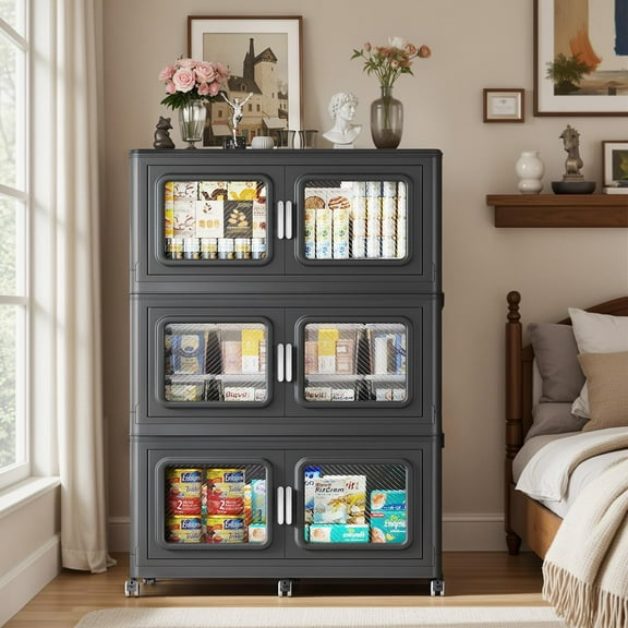 BROVIEW 225Gal Extra Large Storage Bins with Lid, 900Qt Plastic Stackable Storage Bins with Wheels, Collapsible Closet Organizer and Storage Drawers, Storage Cabinets for Home, Office, 3 Pack, Black