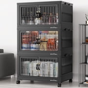 BROVIEW 240Qt Stackable Storage Bins with Lid, Plastic Closet Organizers and Storage Drawer, Collapsible Storage Box with Wheels, Folding Storage Cabinet for Closet Clothes Organization, 3Pack Black