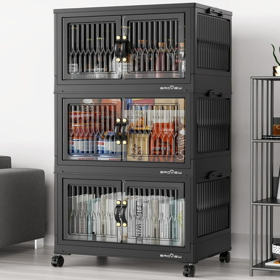 BROVIEW 240Qt Stackable Storage Bins with Lid, Plastic Closet Organizers and Storage Drawer, Collapsible Storage Box with Wheels, Folding Storage Cabinet for Closet Clothes Organization, 3Pack Black