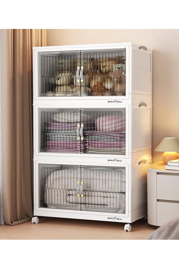 240Qt Stackable Storage Bins with Lid, Plastic Closet Organizers and Storage Drawer, Collapsible Storage Box with Wheels, Folding Storage Cabinet for Closet Clothes Organization, 3Pack White