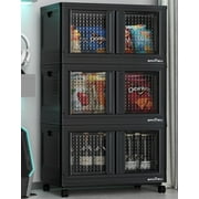 BROVIEW 240Qt Storage Bins with Lids, 60Gal Plastic Stackable Storage Bins with Doors, Wheels, Collapsible Closet Organizers and Storage, Foldable Box Cabinet for Home Office Garage, 3Pack Black