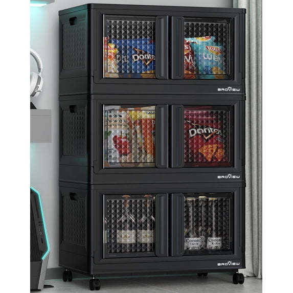 BROVIEW 240Qt Storage Bins with Lids, 60Gal Plastic Stackable Storage Bins with Doors, Wheels, Collapsible Closet Organizers and Storage, Foldable Box Cabinet for Home Office Garage, 3Pack Black